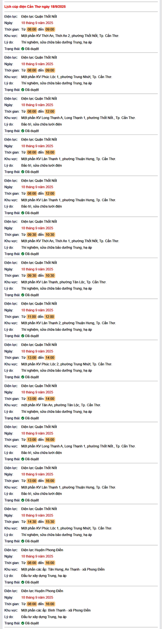 Tra cứu lịch cúp điện hôm nay Thứ 5 ngày 18/9/2025 tại Cần Thơ- Ảnh 1.