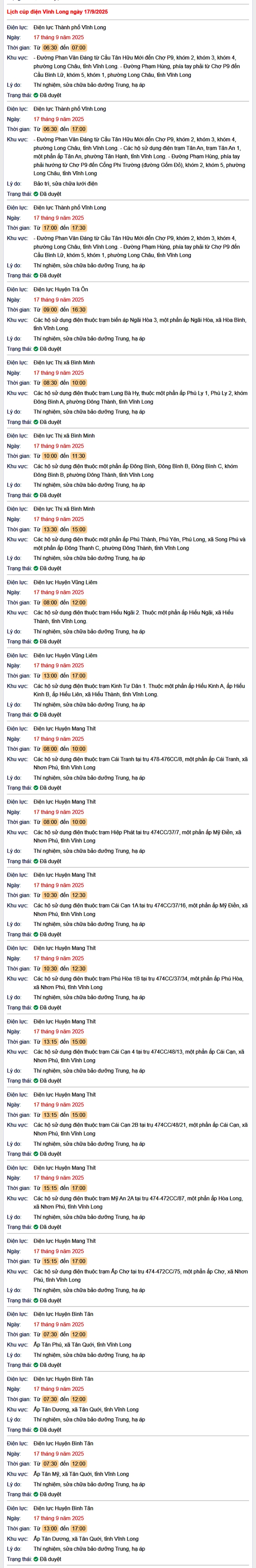 Tra cứu lịch cúp điện hôm nay Thứ 4 ngày 17/9/2025 tại Vĩnh Long- Ảnh 1.