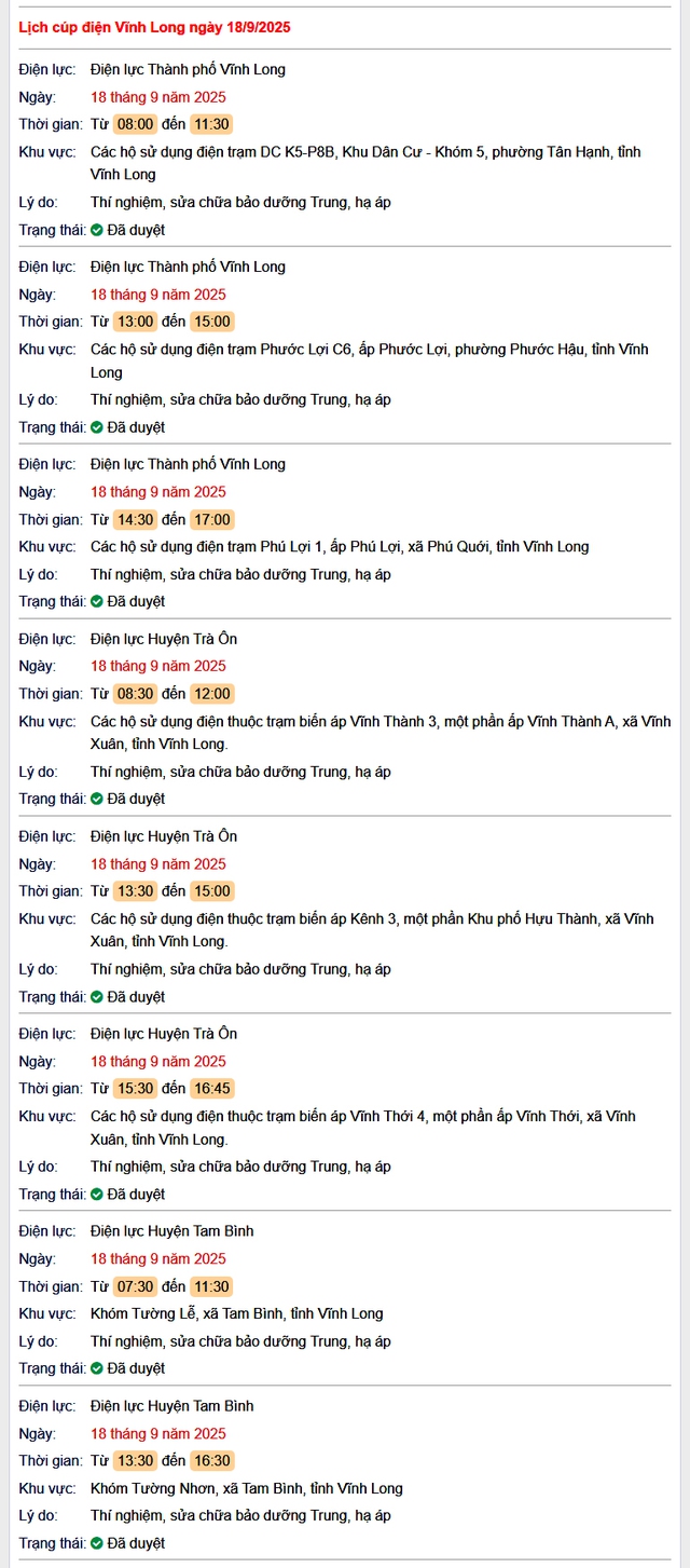 Tra cứu lịch cúp điện hôm nay Thứ 5 ngày 18/9/2025 tại Vĩnh Long- Ảnh 1. Tra cứu lịch cúp điện hôm nay Thứ 5 ngày 18/9/2025 tại Vĩnh Long- Ảnh 1.