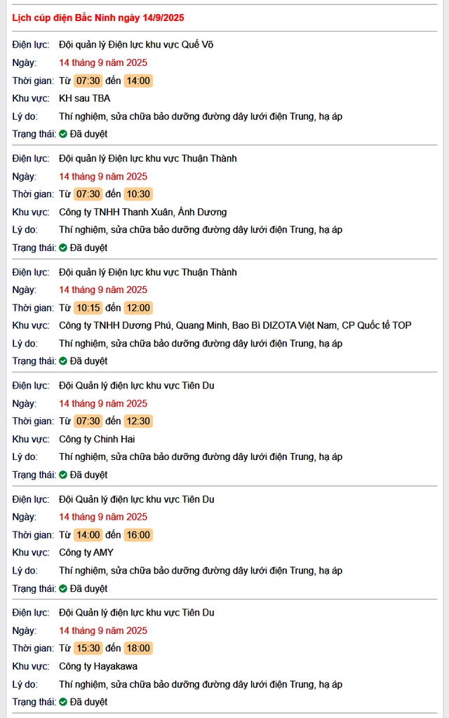 Tra cứu lịch cắt điện Bắc Ninh hôm nay Chủ Nhật ngày 14/9/2025- Ảnh 1. Tra cứu lịch cắt điện Bắc Ninh hôm nay Chủ Nhật ngày 14/9/2025- Ảnh 1.