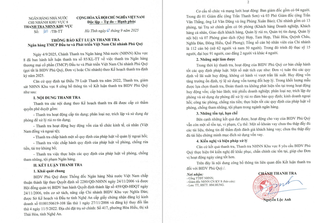 Thanh tra Ngân hàng Nhà nước phát hiện BIDV Phủ Quỳ có vi phạm- Ảnh 2. Thanh tra Ngân hàng Nhà nước phát hiện BIDV Phủ Quỳ có vi phạm- Ảnh 2.