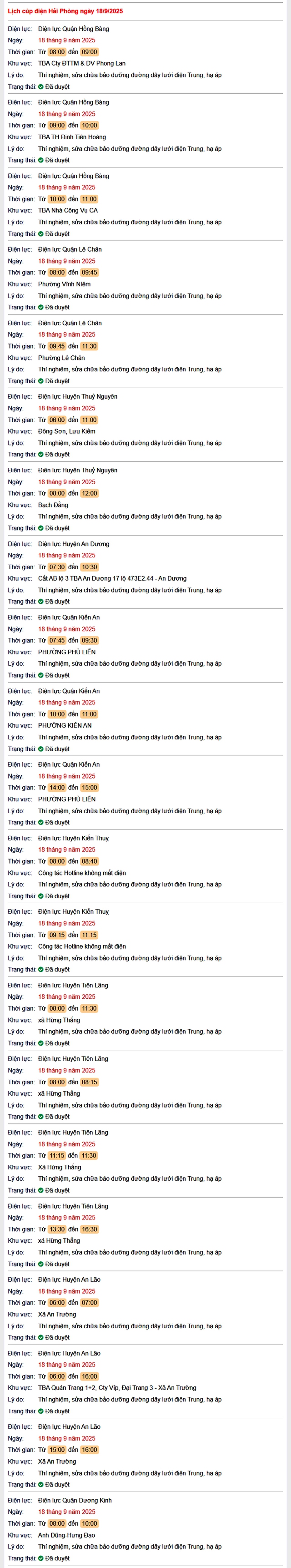 Tra cứu lịch cắt điện Hải Phòng hôm nay Thứ 5 ngày 18/9/2025- Ảnh 1. Tra cứu lịch cắt điện Hải Phòng hôm nay Thứ 5 ngày 18/9/2025- Ảnh 1.