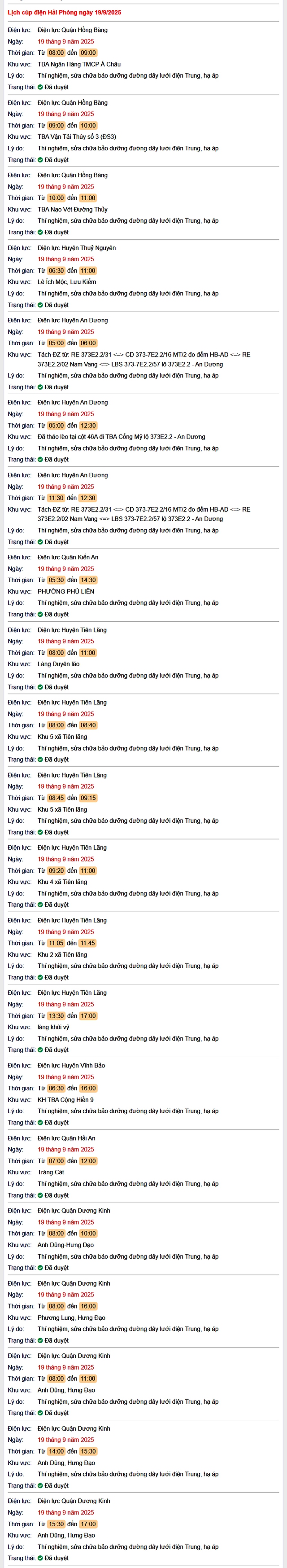 Tra cứu lịch cắt điện Hải Phòng hôm nay Thứ 6 ngày 19/9/2025- Ảnh 1. Tra cứu lịch cắt điện Hải Phòng hôm nay Thứ 6 ngày 19/9/2025- Ảnh 1.