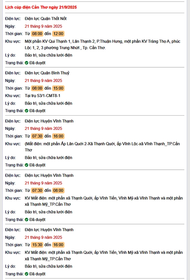 Tra cứu lịch cúp điện hôm nay Chủ Nhật ngày 21/9/2025 tại Cần Thơ- Ảnh 1.