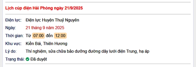 Tra cứu lịch cắt điện Hải Phòng hôm nay Chủ Nhật ngày 21/9/2025- Ảnh 1. Tra cứu lịch cắt điện Hải Phòng hôm nay Chủ Nhật ngày 21/9/2025- Ảnh 1.