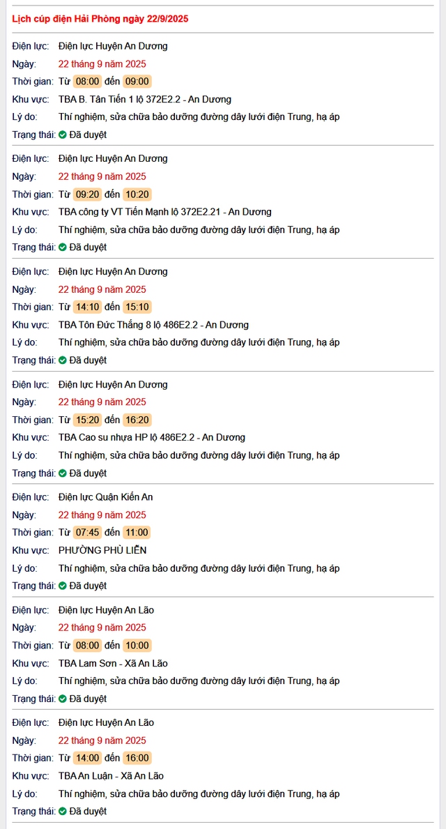 Tra cứu lịch cắt điện Hải Phòng hôm nay Thứ 2 ngày 22/9/2025- Ảnh 1. Tra cứu lịch cắt điện Hải Phòng hôm nay Thứ 2 ngày 22/9/2025- Ảnh 1.
