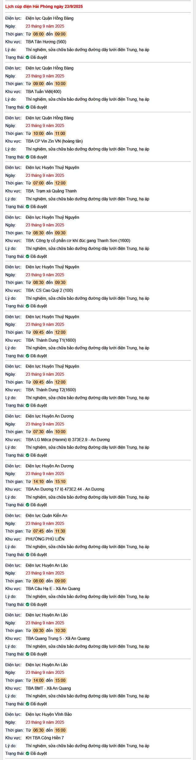 Tra cứu lịch cắt điện Hải Phòng hôm nay Thứ 3 ngày 23/9/2025- Ảnh 1.