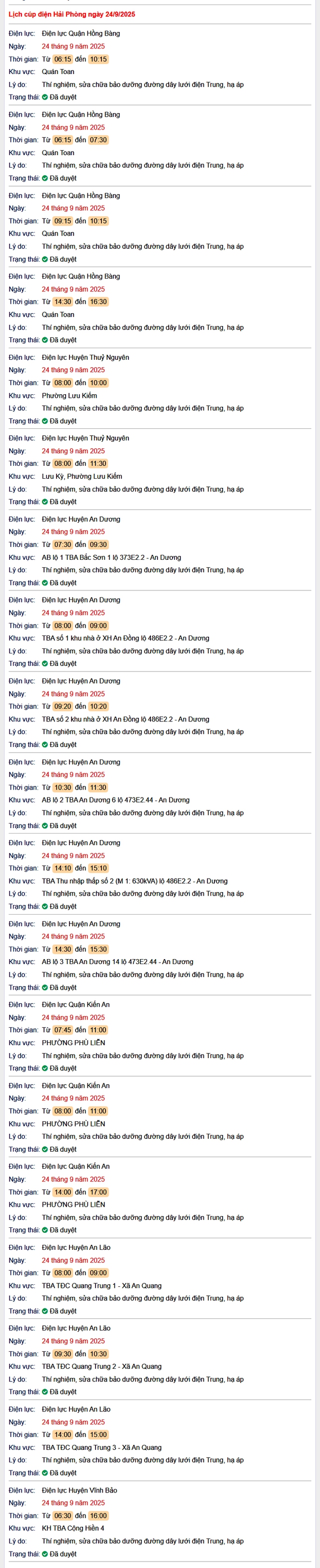 Tra cứu lịch cắt điện Hải Phòng hôm nay Thứ 4 ngày 24/9/2025- Ảnh 1.