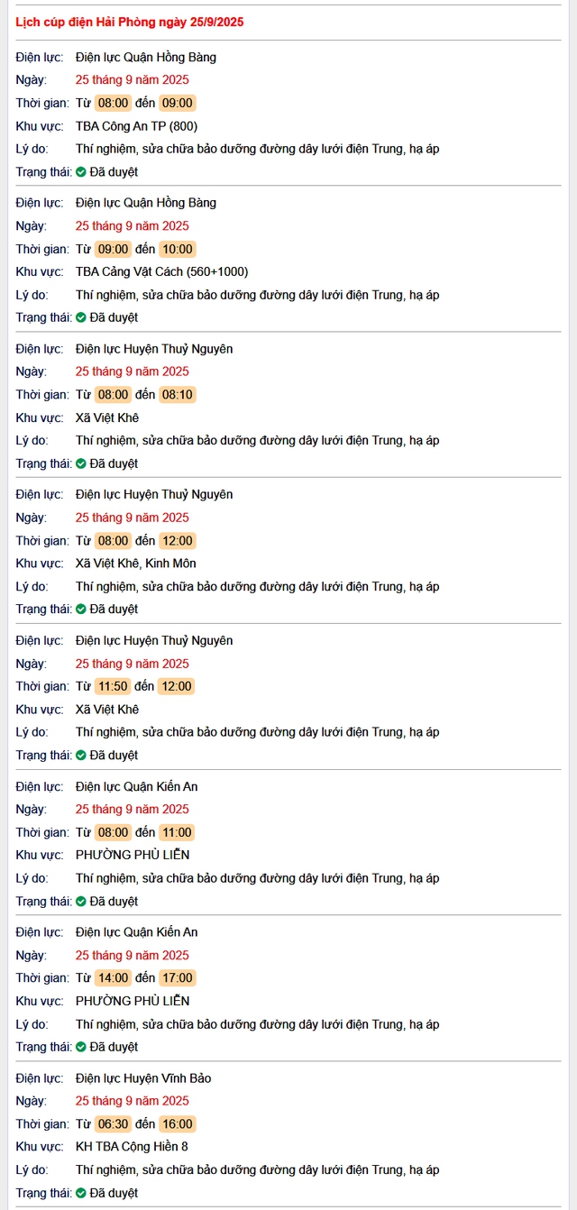 Tra cứu lịch cắt điện Hải Phòng hôm nay Thứ 5 ngày 25/9/2025- Ảnh 1.