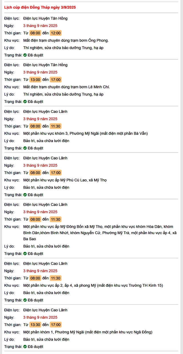 Tra cứu lịch cúp điện tại Đồng Tháp hôm nay ngày 3/9- Ảnh 1. Tra cứu lịch cúp điện tại Đồng Tháp hôm nay ngày 3/9- Ảnh 1.