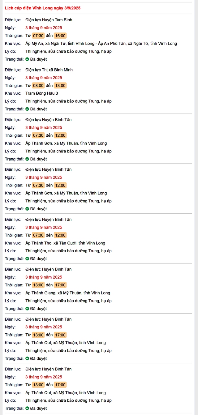 Tra cứu lịch cúp điện hôm nay Thứ 4 ngày 3/9/2025 tại Vĩnh Long- Ảnh 1. Tra cứu lịch cúp điện hôm nay Thứ 4 ngày 3/9/2025 tại Vĩnh Long- Ảnh 1.