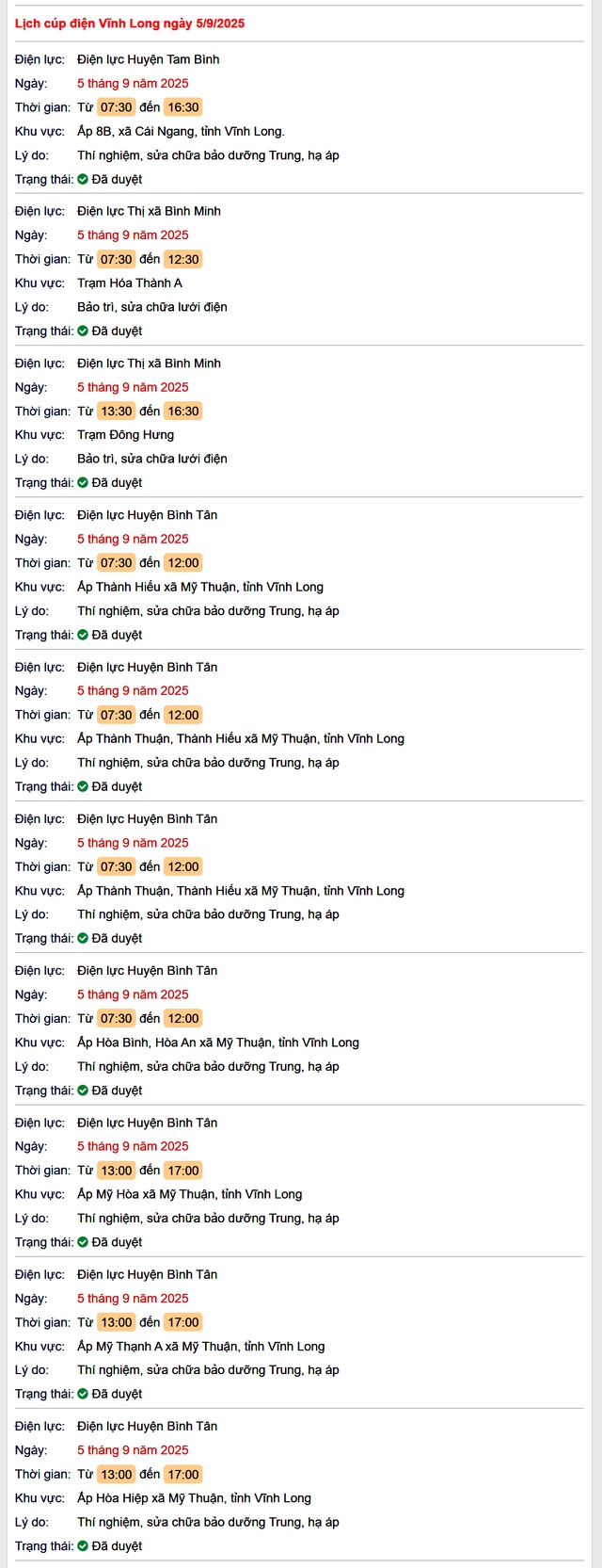 Tra cứu lịch cúp điện hôm nay Thứ 6 ngày 5/9/2025 tại Vĩnh Long- Ảnh 1. Tra cứu lịch cúp điện hôm nay Thứ 6 ngày 5/9/2025 tại Vĩnh Long- Ảnh 1.