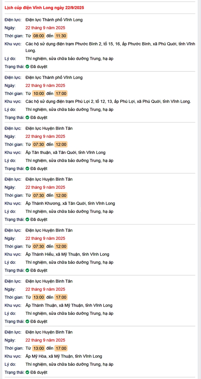 Tra cứu lịch cúp điện hôm nay Thứ 2 ngày 22/9/2025 tại Vĩnh Long- Ảnh 1. Tra cứu lịch cúp điện hôm nay Thứ 2 ngày 22/9/2025 tại Vĩnh Long- Ảnh 1.