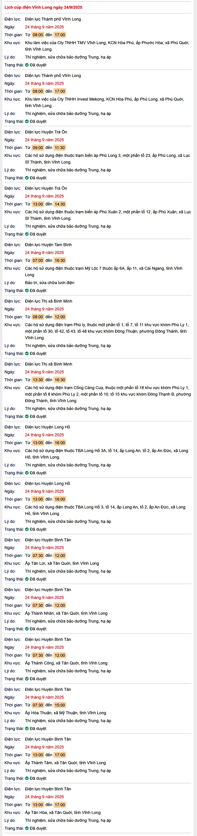 Tra cứu lịch cúp điện hôm nay Thứ 4 ngày 24/9/2025 tại Vĩnh Long- Ảnh 1.