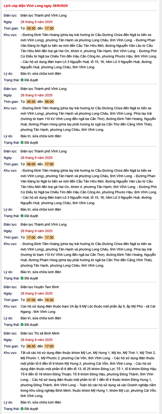 Tra cứu lịch cúp điện hôm nay Chủ Nhật ngày 28/9/2025 tại Vĩnh Long- Ảnh 1.