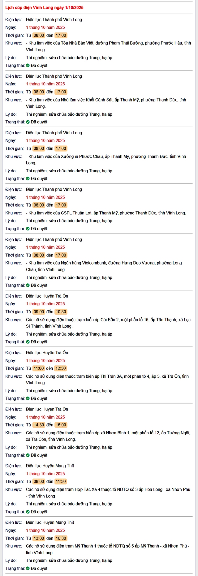 Tra cứu lịch cúp điện hôm nay Thứ 4 ngày 1/10/2025 tại Vĩnh Long- Ảnh 1. Tra cứu lịch cúp điện hôm nay Thứ 4 ngày 1/10/2025 tại Vĩnh Long- Ảnh 1.