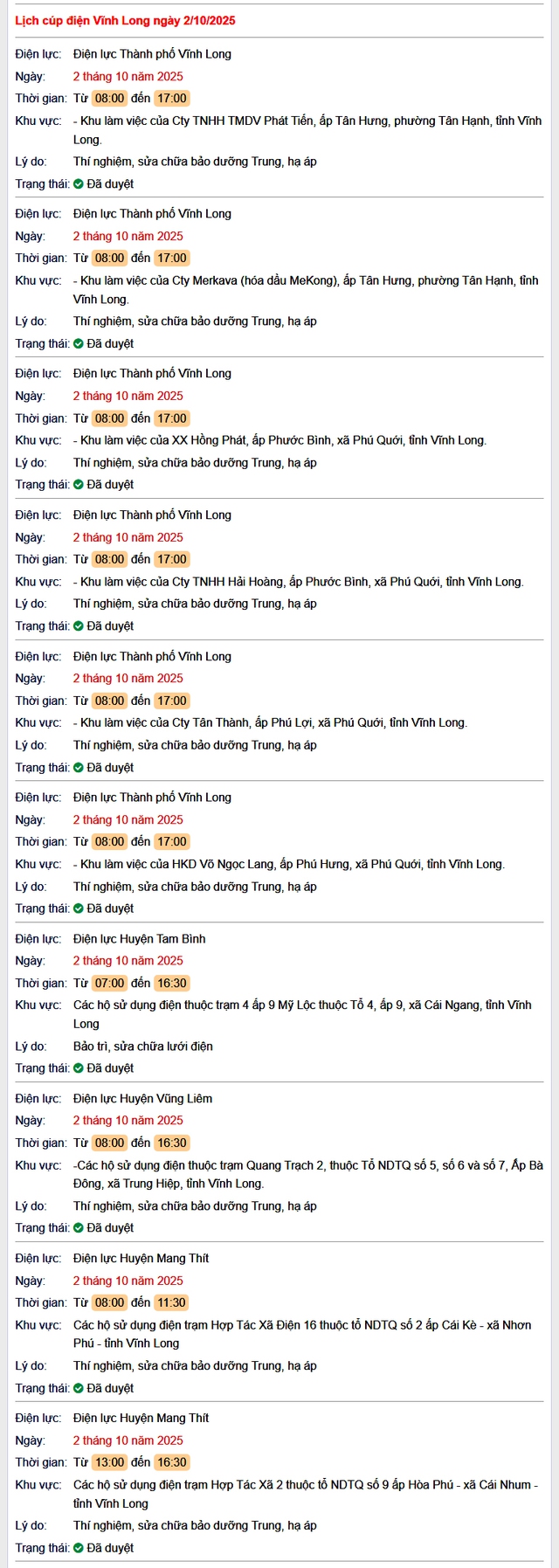 Tra cứu lịch cúp điện hôm nay Thứ 5 ngày 2/10/2025 tại Vĩnh Long- Ảnh 1. Tra cứu lịch cúp điện hôm nay Thứ 5 ngày 2/10/2025 tại Vĩnh Long- Ảnh 1.