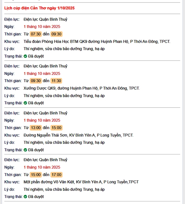 Tra cứu lịch cúp điện hôm nay Thứ 4 ngày 1/10/2025 tại Cần Thơ- Ảnh 1. Tra cứu lịch cúp điện hôm nay Thứ 4 ngày 1/10/2025 tại Cần Thơ- Ảnh 1.