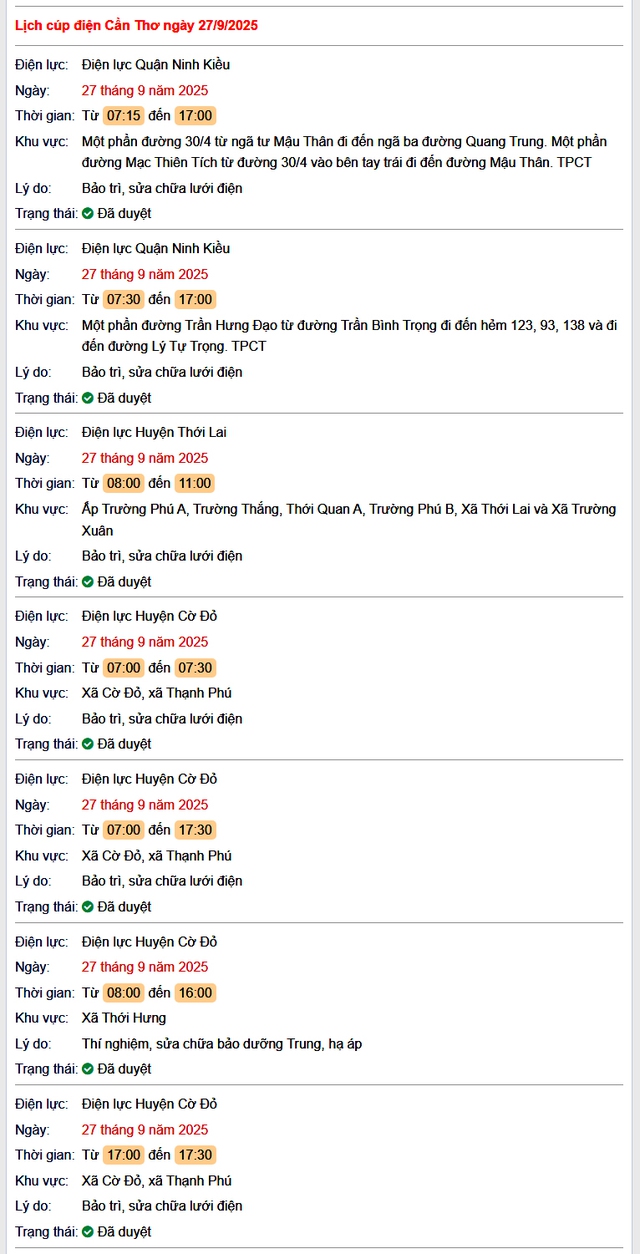 Tra cứu lịch cúp điện hôm nay Thứ 7 ngày 27/9/2025 tại Cần Thơ- Ảnh 1.