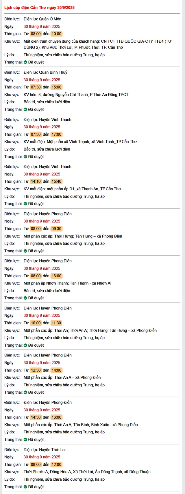 Tra cứu lịch cúp điện hôm nay Thứ 3 ngày 30/9/2025 tại Cần Thơ- Ảnh 1.