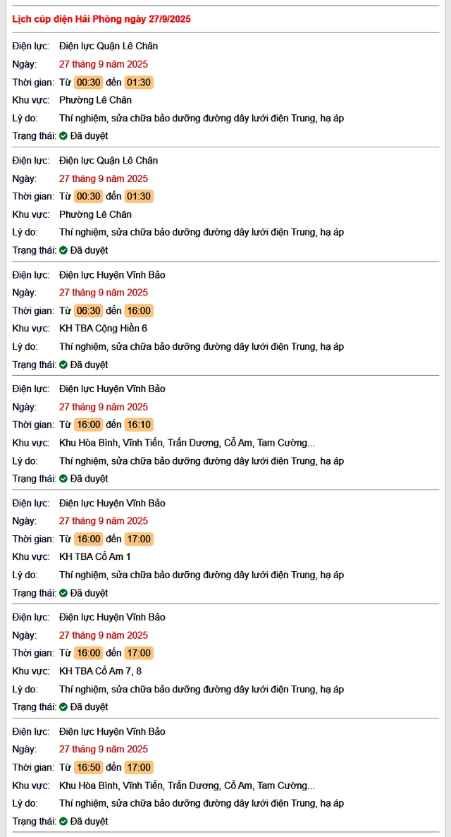 Tra cứu lịch cắt điện Hải Phòng hôm nay Thứ 7 ngày 27/9/2025- Ảnh 1.