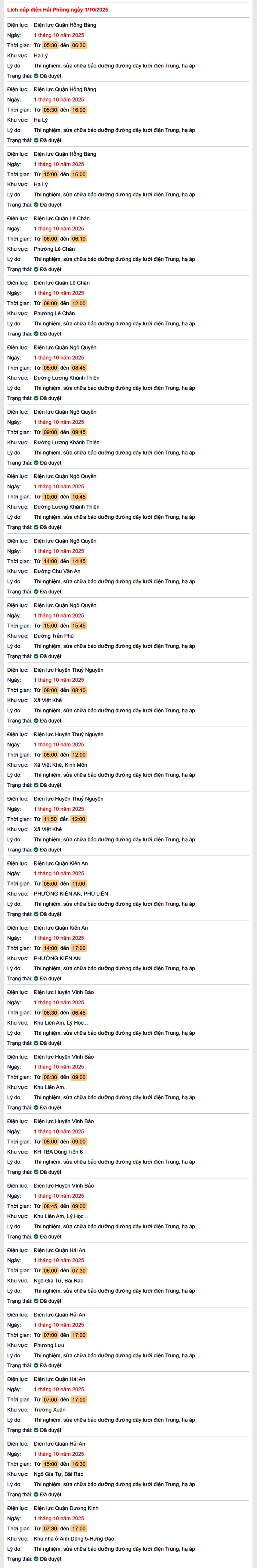 Tra cứu lịch cắt điện Hải Phòng hôm nay Thứ 4 ngày 1/10/2025- Ảnh 1. Tra cứu lịch cắt điện Hải Phòng hôm nay Thứ 4 ngày 1/10/2025- Ảnh 1.