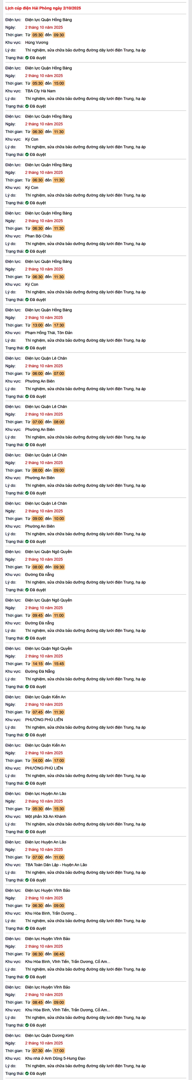 Tra cứu lịch cắt điện Hải Phòng hôm nay Thứ 5 ngày 2/10/2025- Ảnh 1. Tra cứu lịch cắt điện Hải Phòng hôm nay Thứ 5 ngày 2/10/2025- Ảnh 1.