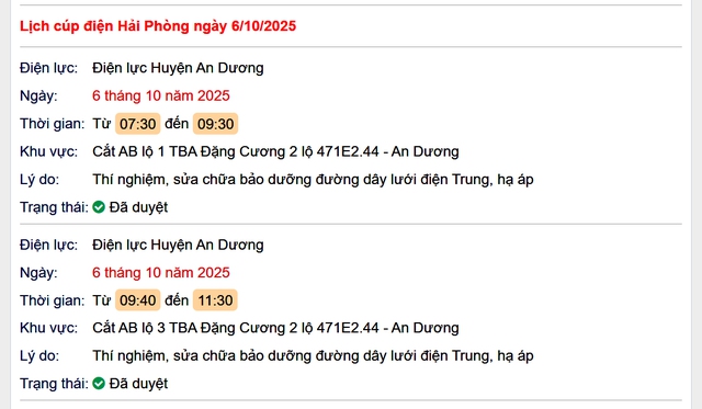 Tra cứu lịch cắt điện Hải Phòng hôm nay Thứ 2 ngày 6/10/2025- Ảnh 1.