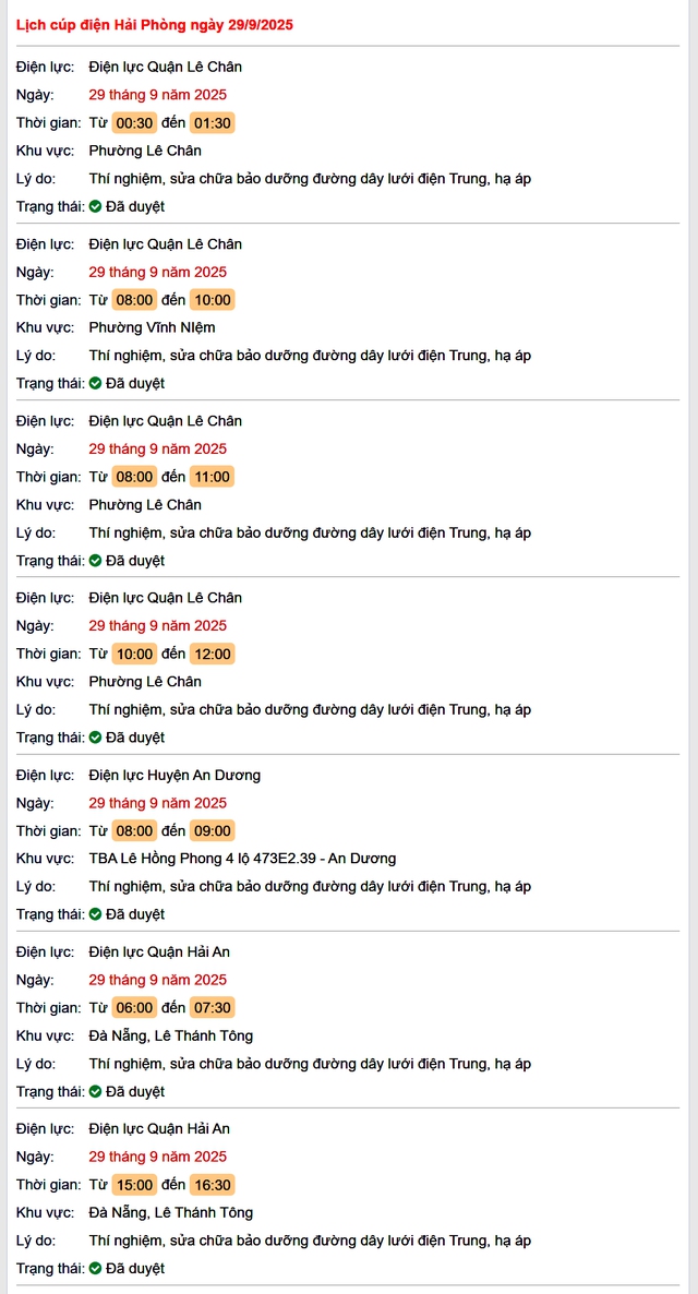 Tra cứu lịch cắt điện Hải Phòng hôm nay Thứ 2 ngày 29/9/2025- Ảnh 1.
