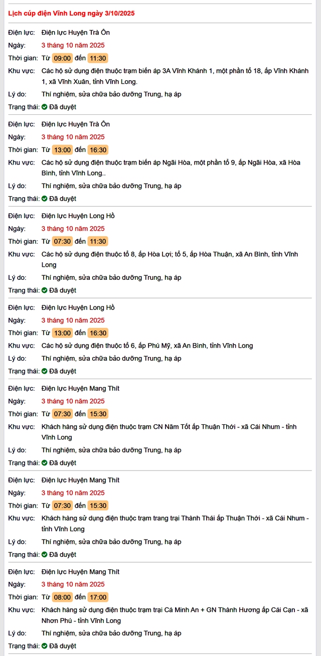 Tra cứu lịch cúp điện hôm nay Thứ 6 ngày 3/10/2025 tại Vĩnh Long- Ảnh 1. Tra cứu lịch cúp điện hôm nay Thứ 6 ngày 3/10/2025 tại Vĩnh Long- Ảnh 1.