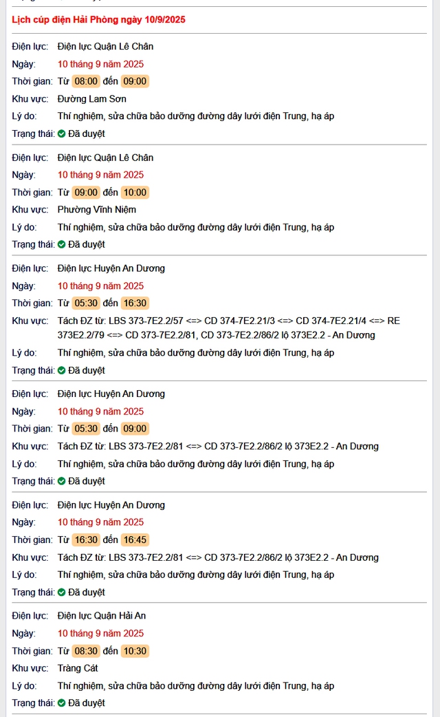 Tra cứu lịch cắt điện Hải Phòng hôm nay Thứ 4 ngày 10/9/2025- Ảnh 1.