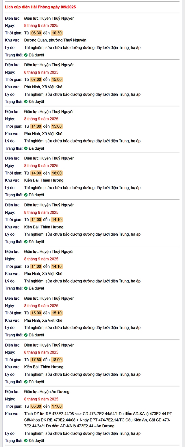Tra cứu lịch cắt điện Hải Phòng hôm nay Thứ 2 ngày 8/9/2025- Ảnh 1. Tra cứu lịch cắt điện Hải Phòng hôm nay Thứ 2 ngày 8/9/2025- Ảnh 1.
