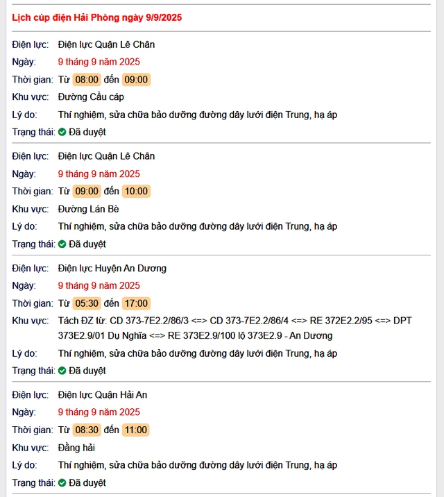 Tra cứu lịch cắt điện Hải Phòng hôm nay Thứ 3 ngày 9/9/2025- Ảnh 1.
