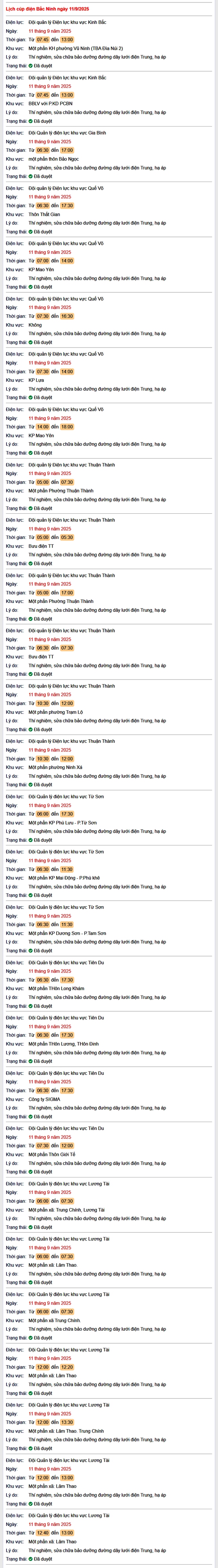 Tra cứu lịch cắt điện Bắc Ninh hôm nay Thứ 5 ngày 11/9/2025- Ảnh 1. Tra cứu lịch cắt điện Bắc Ninh hôm nay Thứ 5 ngày 11/9/2025- Ảnh 1.