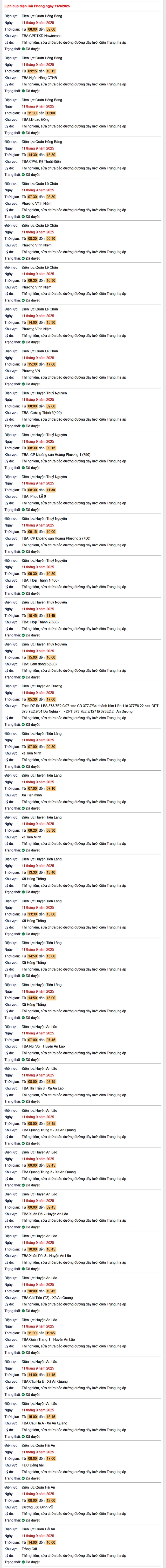 Tra cứu lịch cắt điện Hải Phòng hôm nay Thứ 5 ngày 11/9/2025- Ảnh 1.