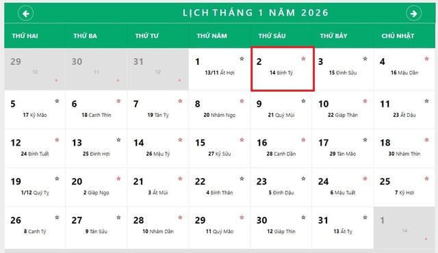 Lịch âm 2/1 - Âm lịch hôm nay 2/1 - Lịch vạn niên ngày 2/1/2026- Ảnh 1.