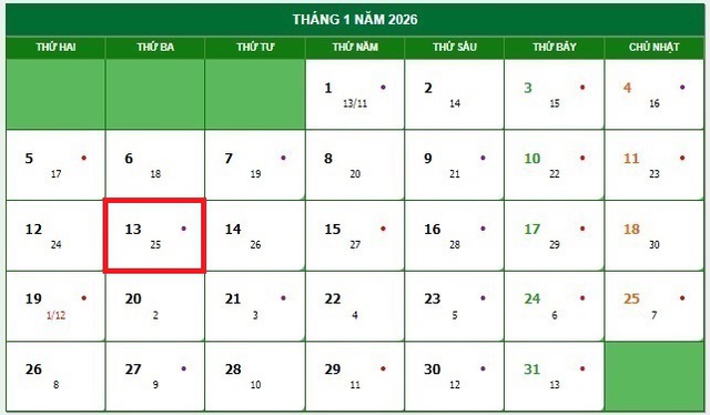 Lịch âm 13/1 - Âm lịch hôm nay 13/1 - Lịch vạn niên ngày 13/1/2026- Ảnh 1.