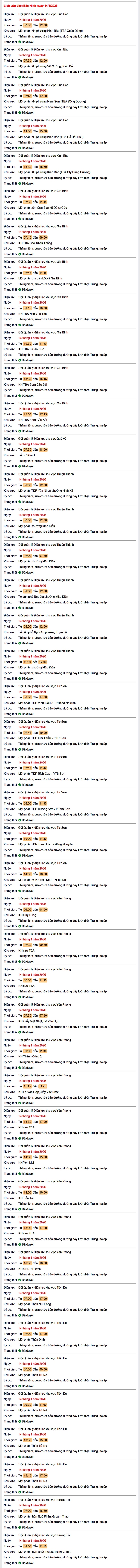 Tra cứu lịch cắt điện Bắc Ninh hôm nay Thứ 4 ngày 14/1/2026- Ảnh 1. Tra cứu lịch cắt điện Bắc Ninh hôm nay Thứ 4 ngày 14/1/2026- Ảnh 1.