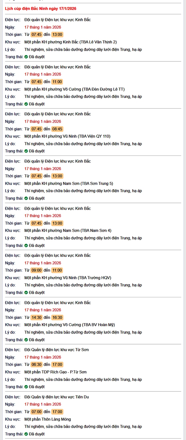 Tra cứu lịch cắt điện Bắc Ninh hôm nay Thứ 7 ngày 17/1/2026- Ảnh 1. Tra cứu lịch cắt điện Bắc Ninh hôm nay Thứ 7 ngày 17/1/2026- Ảnh 1.