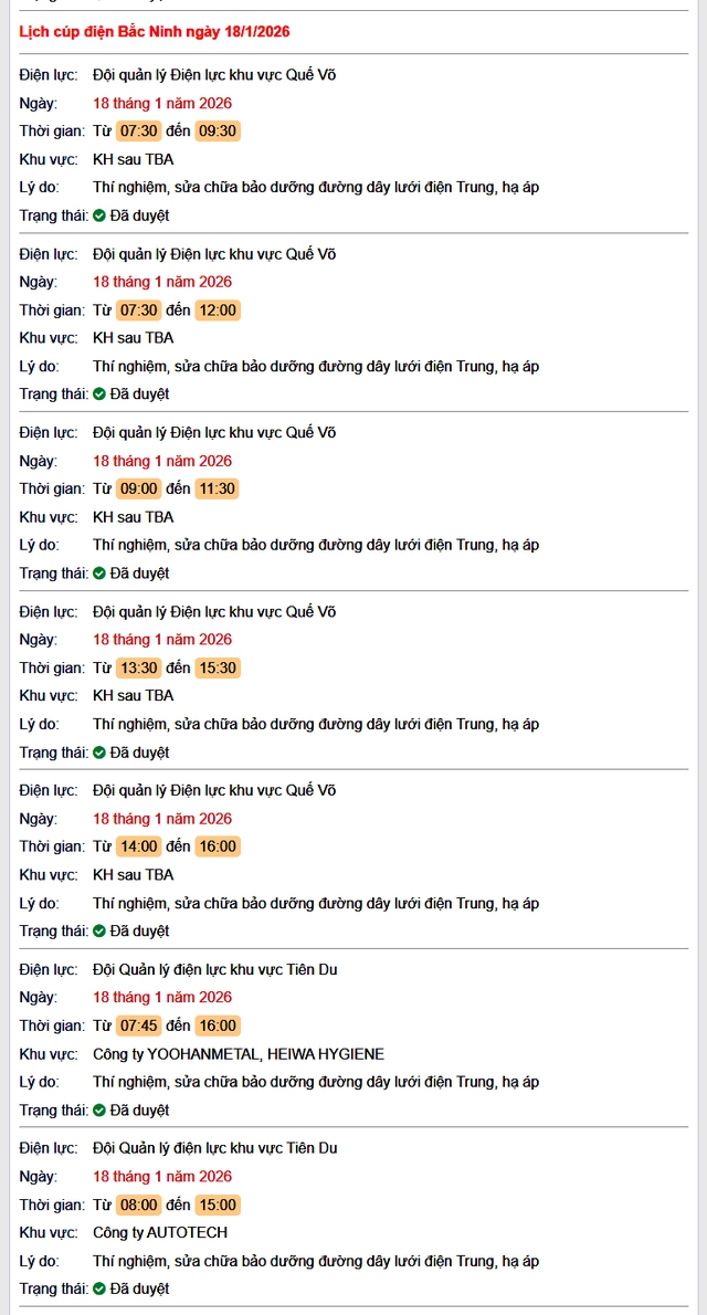 Tra cứu lịch cắt điện Bắc Ninh hôm nay Chủ Nhật ngày 18/1/2026- Ảnh 1. Tra cứu lịch cắt điện Bắc Ninh hôm nay Chủ Nhật ngày 18/1/2026- Ảnh 1.