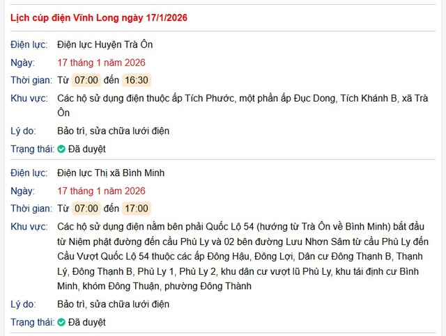 Tra cứu lịch cúp điện Vĩnh Long hôm nay Thứ 7 ngày 17/1/2026- Ảnh 1.