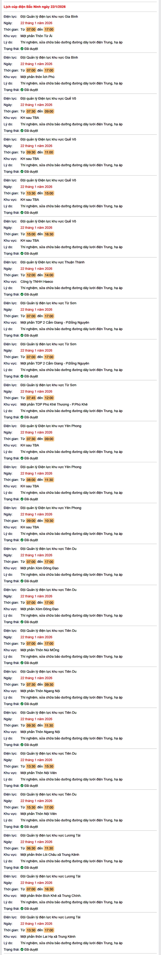 Tra cứu lịch cắt điện Bắc Ninh hôm nay Thứ 5 ngày 22/1/2026- Ảnh 1. Tra cứu lịch cắt điện Bắc Ninh hôm nay Thứ 5 ngày 22/1/2026- Ảnh 1.