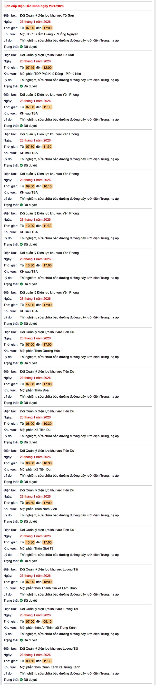 Tra cứu lịch cắt điện Bắc Ninh hôm nay Thứ 6 ngày 23/1/2026- Ảnh 1.