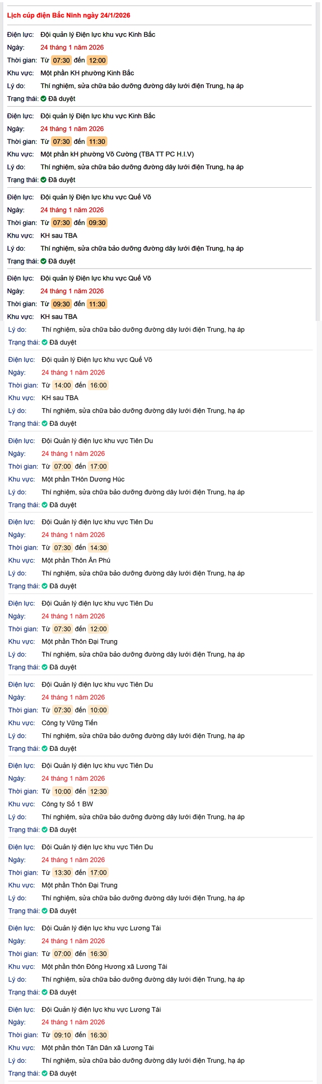 Tra cứu lịch cắt điện Bắc Ninh hôm nay Thứ 7 ngày 24/1/2026- Ảnh 1.