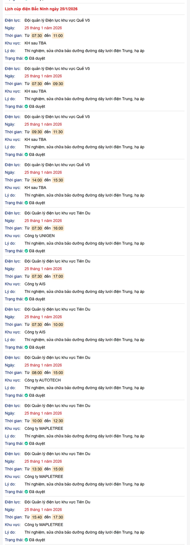 Tra cứu lịch cắt điện Bắc Ninh hôm nay Chủ Nhật ngày 25/1/2026- Ảnh 1.