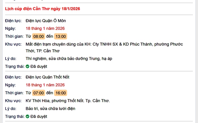 Tra cứu lịch cúp điện Cần Thơ hôm nay Chủ Nhật ngày 18/1/2026- Ảnh 1. Tra cứu lịch cúp điện Cần Thơ hôm nay Chủ Nhật ngày 18/1/2026- Ảnh 1.