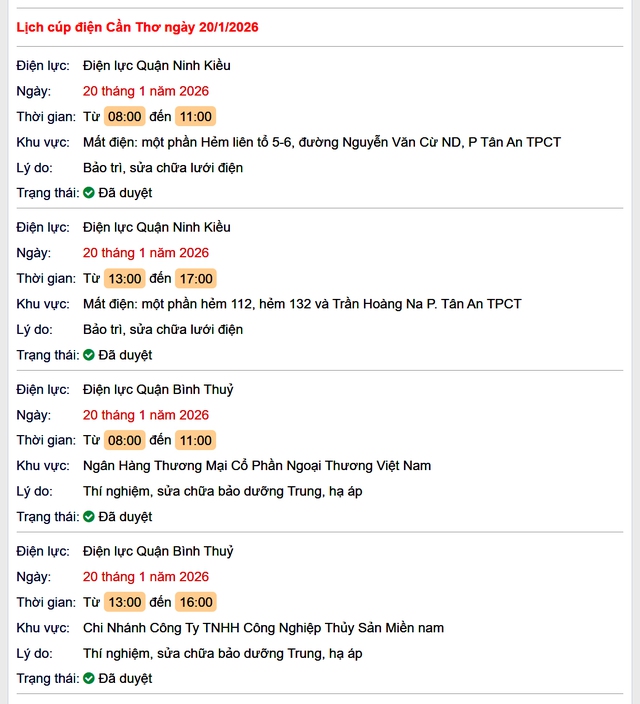 Tra cứu lịch cúp điện Vĩnh Long hôm nay Thứ 3 ngày 20/1/2026- Ảnh 1.