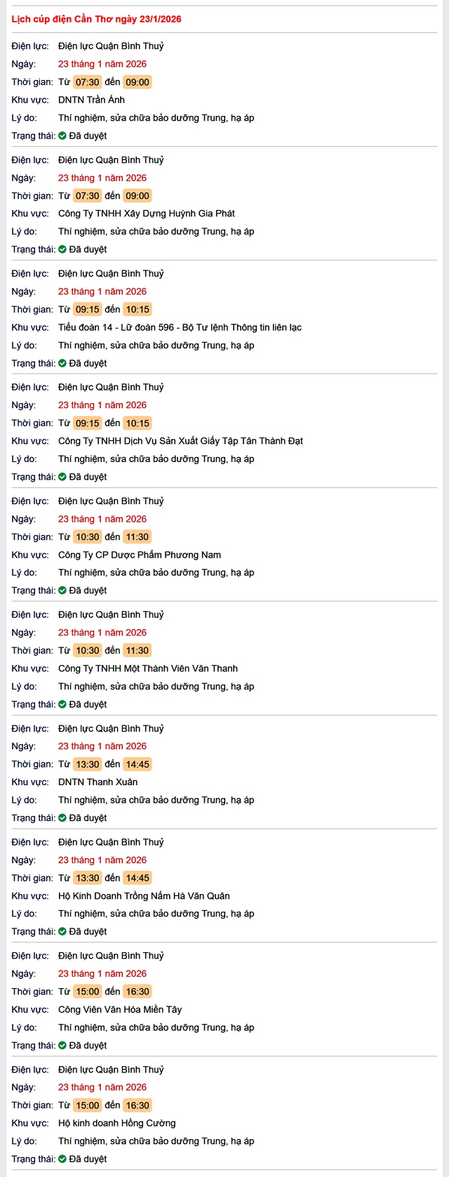 Tra cứu lịch cúp điện Cần Thơ hôm nay Thứ 6 ngày 23/1/2026- Ảnh 1.