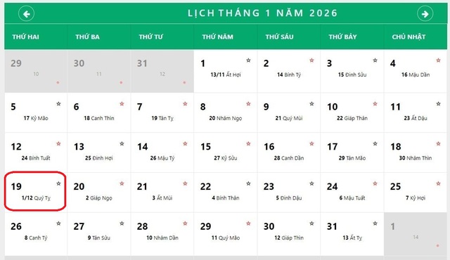 Lịch âm 19/1 - Âm lịch hôm nay 19/1 - Lịch vạn niên ngày 19/1/2026- Ảnh 1.