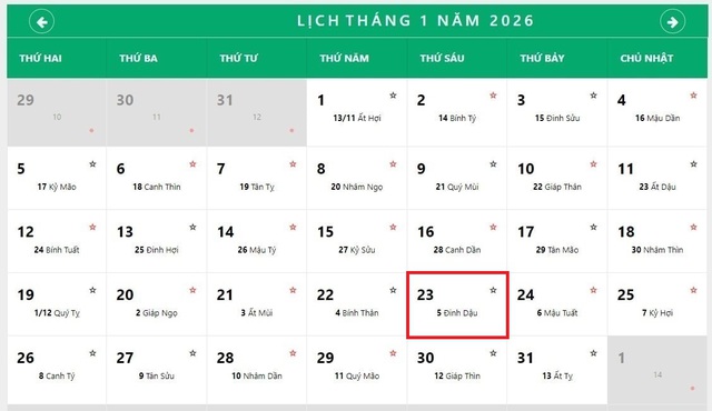 Lịch âm 23/1 - Âm lịch hôm nay 23/1 - Lịch vạn niên ngày 23/1/2026- Ảnh 1.
